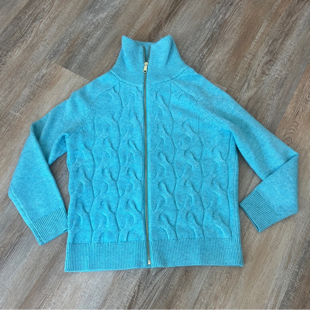 Talbots Aqua Turquoise Cable-Knit Zip Cardigan Sweater MP NWOT